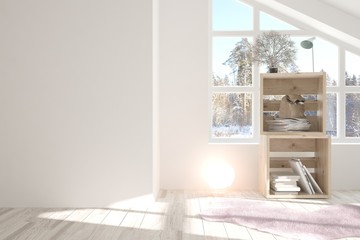 White empty room with winter landscape in window. Scandinavian interior design. 3D illustration