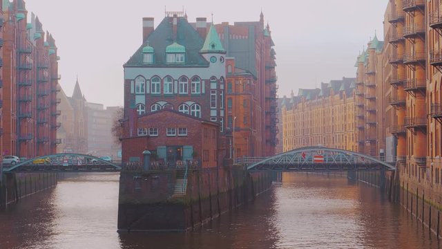 Bridges across Elbe river view. Old warehouse district in Hamburg