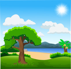 Nature illustration with green forest, calm lake and mountains