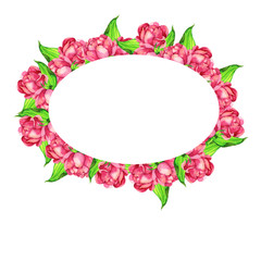 Pink peony floral frame on white background. Hand drawn watercolor illustration. 
