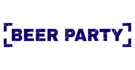 BEER PARTY tag seal print with grunge texture. Text tag is placed between corners. Blue vector rubber print of BEER PARTY with corroded texture.
