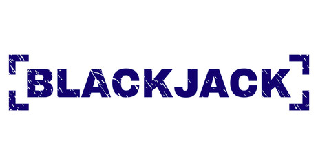 BLACKJACK caption seal print with grunge style. Text caption is placed inside corners. Blue vector rubber print of BLACKJACK with retro texture.