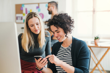 Group of young businesspeople with laptop working in a modern office.