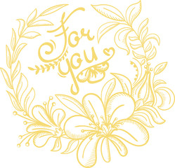 Fototapeta na wymiar For you love card in engraving style. Gold and white color. Line art template for card, poster, banner, print, wedding card