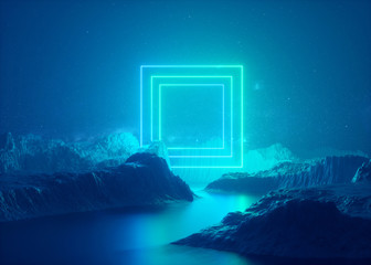 3d render, abstract esoteric background, rectangular portal, glowing square frame, blue neon...
