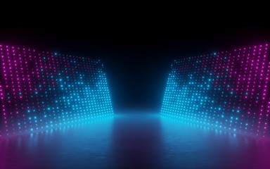 3d render, abstract background, screen pixels, glowing dots, neon lights, virtual reality, ultraviolet spectrum, pink blue vibrant colors, catwalk fashion podium, laser show, stage, isolated on black