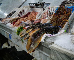 Seafood table at the Casablanca fishmarket, Morocco