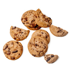 Chocolate chip cookies with chocolate pieces isolated on white background. Macro image