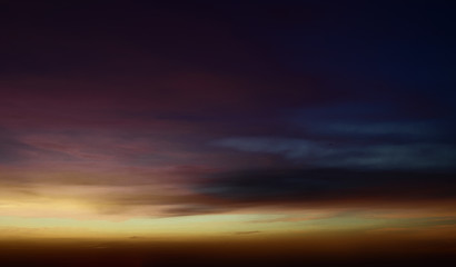 Dark Dramatic Sky with clouds - sunrise panoramic landscape background. Depression concept.