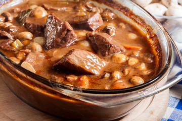 Beef Bourguignon stew in a casserole dish
