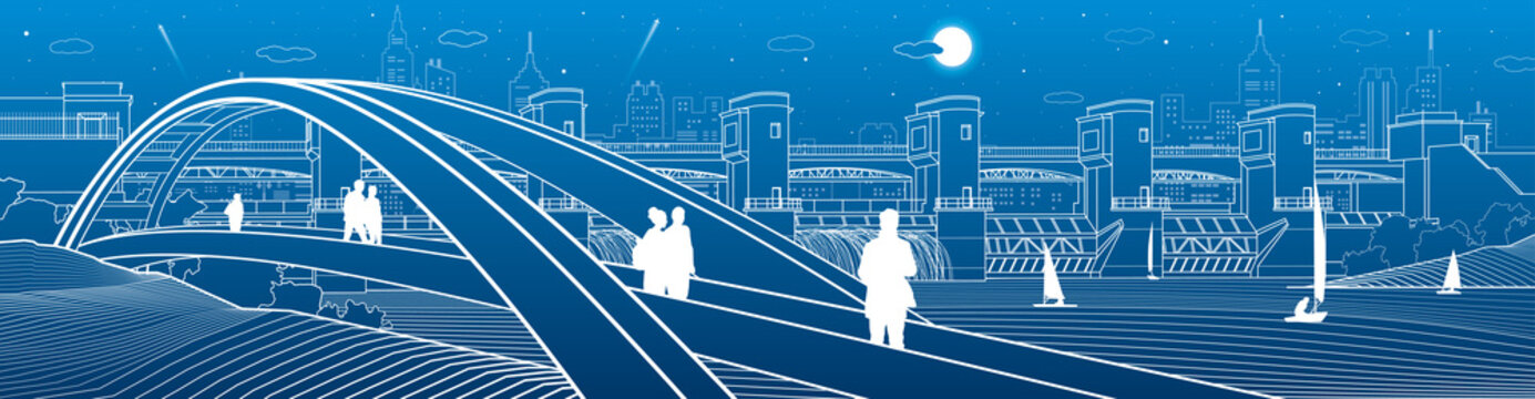People walking at pedestrian arched bridge across water. Hydro power plant. River dam, energy station. City infrastructure industry illustration. White lines on blue background. Vector design art