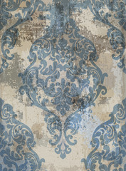 Damask texture grunge background Vector. Floral ornament pattern decoration with old stains effect. Victorian engraved retro design. Blue colors