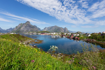 View of mountains and Reine in Lofoten islands, Norway. Beautiful summer day