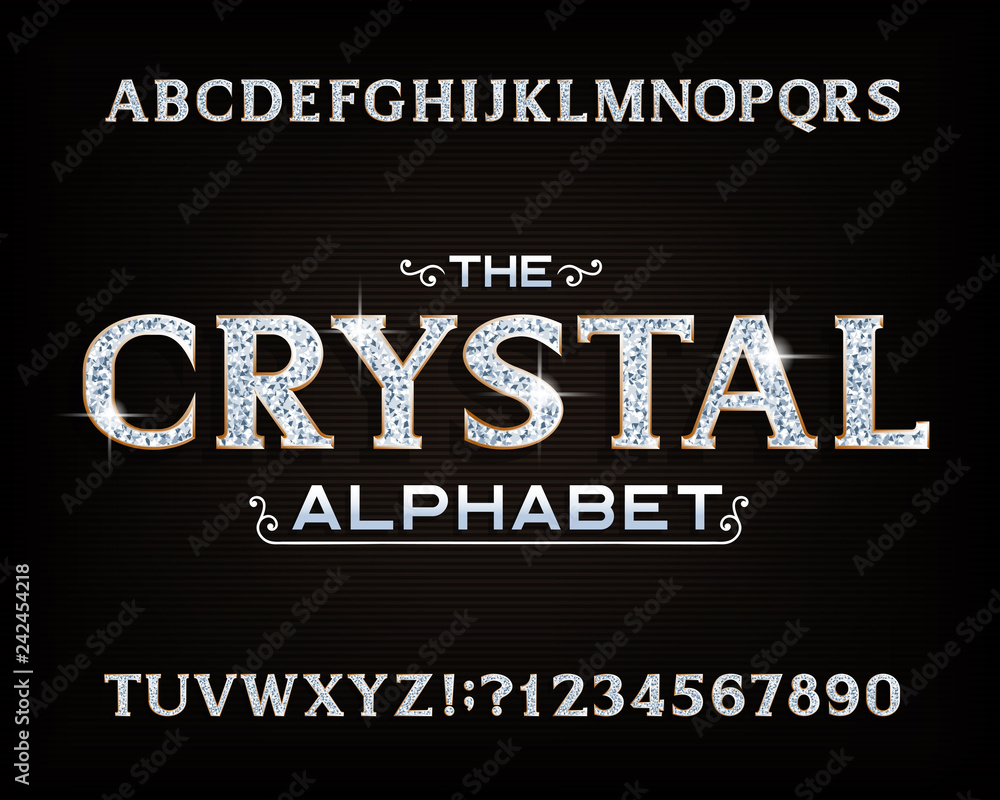 Fototapete crystal alphabet font. luxury diamond letters and numbers with gold bevel. stock vector typescript f