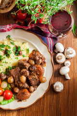 Dinner or lunch with beef Bourguignon stew