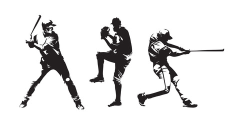 Set of baseball players vector silhouettes. Group of baseballer, isolated ink drawings