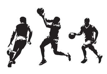 Obraz premium Grupa koszykarzy, zestaw sylwetki na białym tle wektor. Sport zespołowy, ludzie aktywni