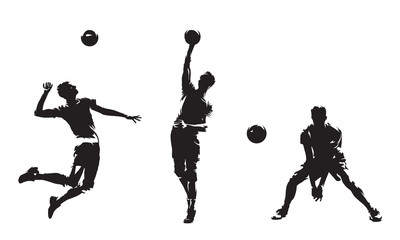 Group of volleyball players, set of isolated vector silhouettes. Team sport, active people. Beach volleyball - obrazy, fototapety, plakaty