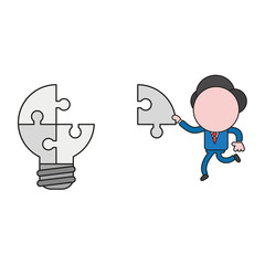 Vector illustration of businessman character carrying missing puzzle piece to light bulb puzzle. Color and black outlines.