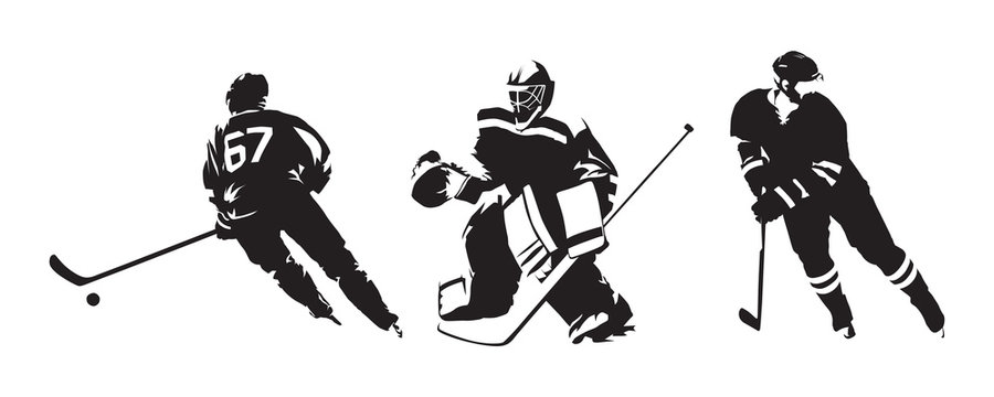 Hockey players, group of isolated vector silhouettes. Ice hockey ink drawings