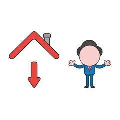 Vector illustration of businessman character with arrow down under house roof. Color and black outlines.