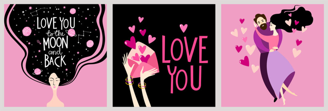 Set of vector Valentine's Day Card with a happy dancing couple in cartoon style, love letter and beautiful young woman - Powered by Adobe