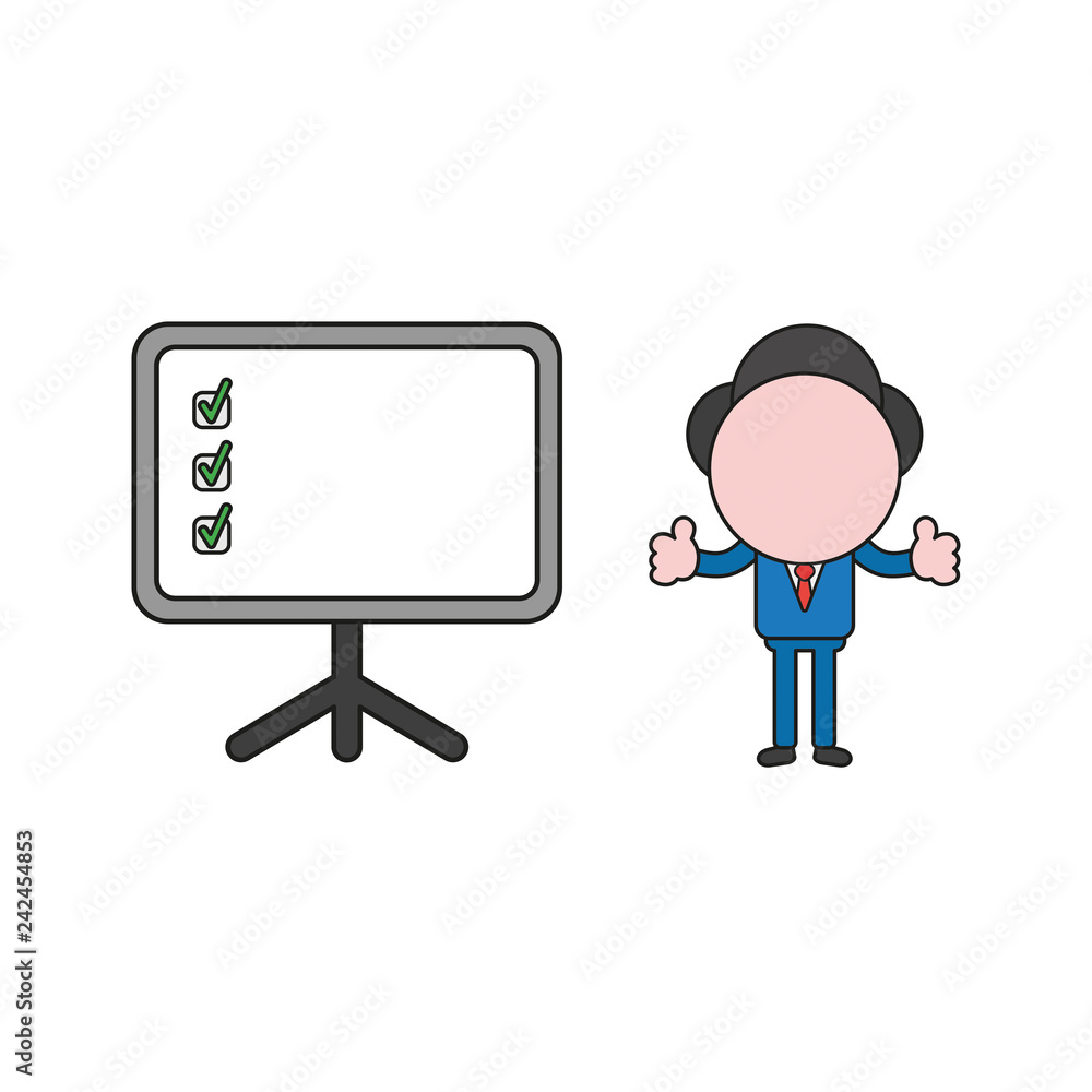 Poster vector illustration of businessman character with presentation chart and check marks and giving thum