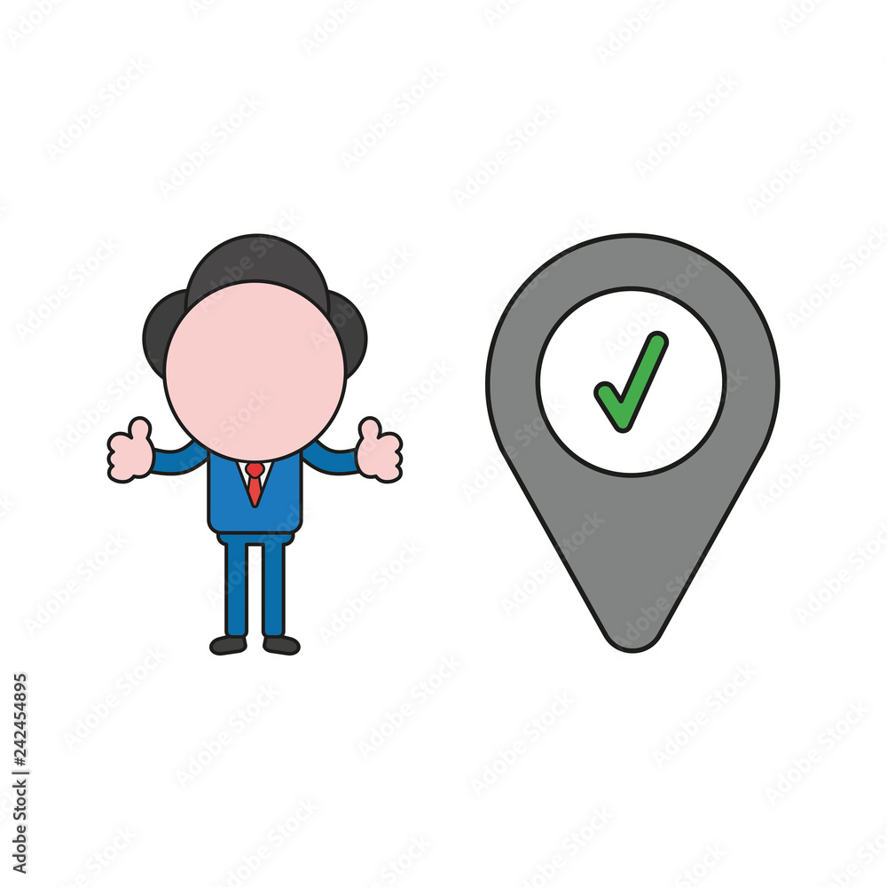 Aufkleber vector illustration of businessman character with map pointer and check mark and giving thumbs-up. c