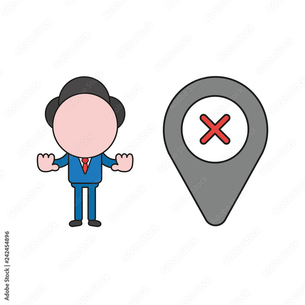 Aufkleber vector illustration of businessman character with map pointer and x mark and showing hand stop gestu