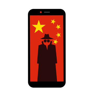 Chinese Mobile And Smartphone As Device For Spying, Espionage, Surveillance And Privacy Control. Vector Illustration