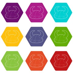 Horned helmet icons 9 set coloful isolated on white for web