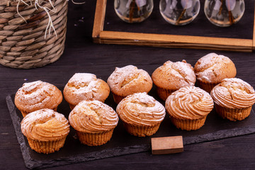 Cottage cheese cakes, pineapple cakes, lemon cakes with icing sugar