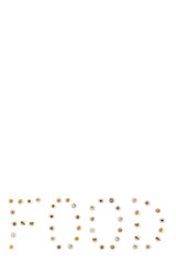 Word food, written with photos of cooked food, in dishes from above, in vertical