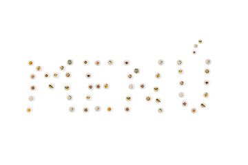 Word menu, written with photos of cooked food, in dishes from above