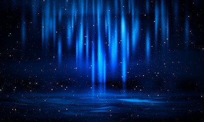 Product showcase spotlight background. Clean photographer studio. Abstract blue background with rays of neon light, spotlight, reflection on water.