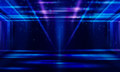 Abstract blue background with rays of neon light, spotlight, reflection 