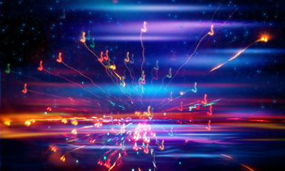 Multicolored sparks on a dark blue abstract background. Empty dark scene with spotlights and neon lights. Neon sparks on a dark background. Neon light, laser. Blurred background. Abstract dark festive