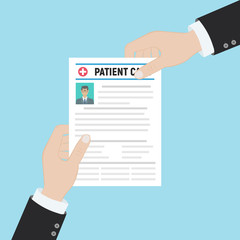 Folder with patient card and doctors hand with magnifying glass. medical report. analysis or prescription concept. vector illustration in flat style.