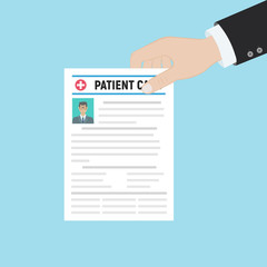 Folder with patient card and doctors hand with magnifying glass. medical report. analysis or prescription concept. vector illustration in flat style.