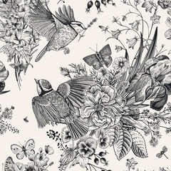 Fototapety  Kwiatowy wzór. Cycki, kwiaty, motyle. Vintage ilustracji botanicznych wektor. Czarny i biały