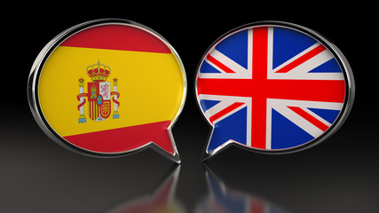 Spain and United Kingdom flags with Speech Bubbles. 3D illustration