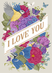 Vintage Greeting vector card for Valentine's Day. I love you. Flowers, birds, butterflies. Colorful