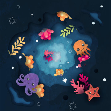 Under water life cute cartoon background
