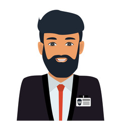 Businessman with beard in business suit with badge. User avatar. Customer service icon. Man business avatar profile. Flat vector icon. Vector illustration