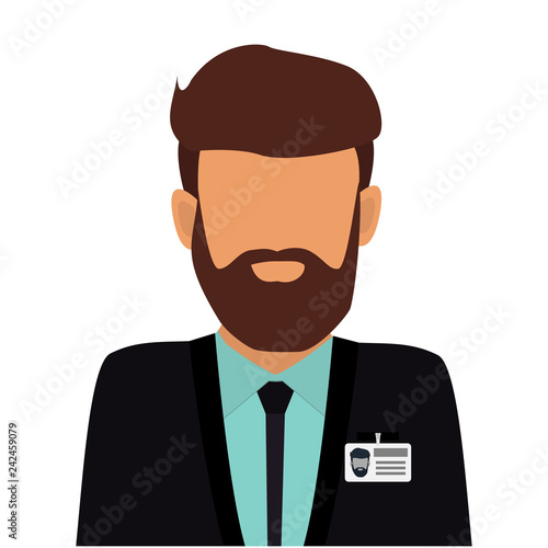 Businessman with beard in business suit with badge. User