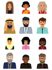 Male and female faces avatars. Business people avatar icons. Men and women of different nationalities. Multicultural society concept, man and woman characters. Flat icons set. Vector illustration