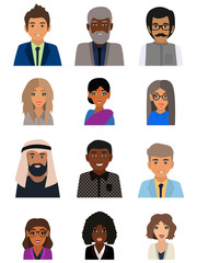 Male and female faces avatars. Business people avatar icons. Men and women of different nationalities. Multicultural society concept, man and woman characters. Flat icons set. Vector illustration