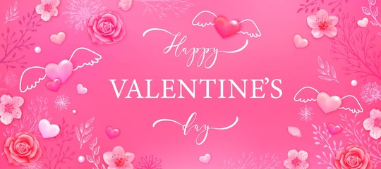 Fototapeta na wymiar Valentine's day background with pink hearts, roses, cherry blossoms.