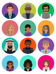 Male and female faces avatars. Business people avatar icons. Men and women of different nationalities. Multicultural society concept, man and woman characters. Flat icons set. Vector illustration