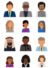 Male and female faces avatars. Business people avatar icons. Men and women of different nationalities. Multicultural society concept, man and woman characters. Flat icons set. Vector illustration